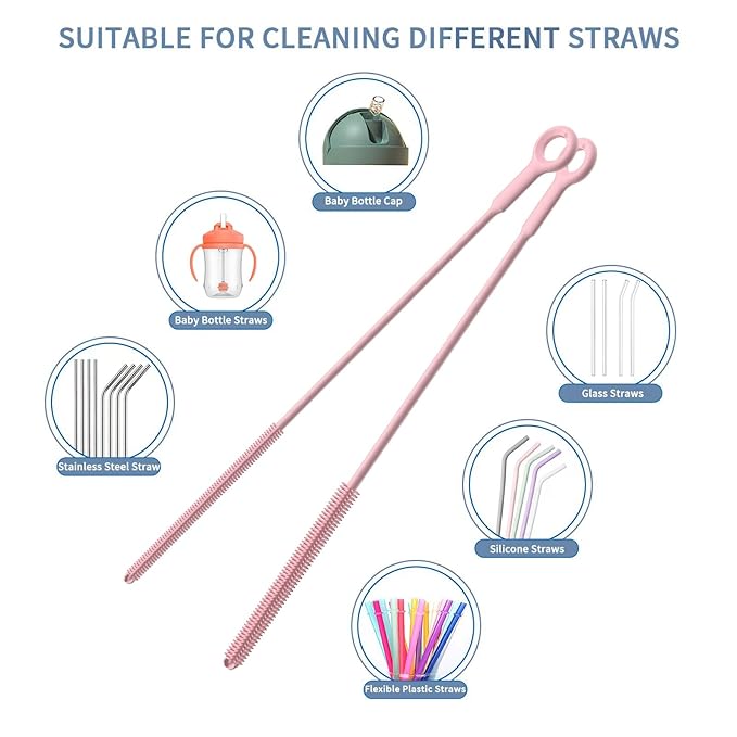 Reusable Silicone Straw Cleaner Brush Set, 2-Pack Extra Long Straw Cleaning Brush for Metal Glass Water Bottle Drinking Straws, Flexible&Bendable Design, Dishwasher Safe, 6mm & 8mm Diameter