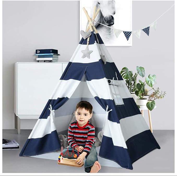 Kids Teepee Tent for Boys Navy White Stripe Teepee Tent Indian Canvas Tents for Toddlers Indoor Playhouse Play Tent for Kids