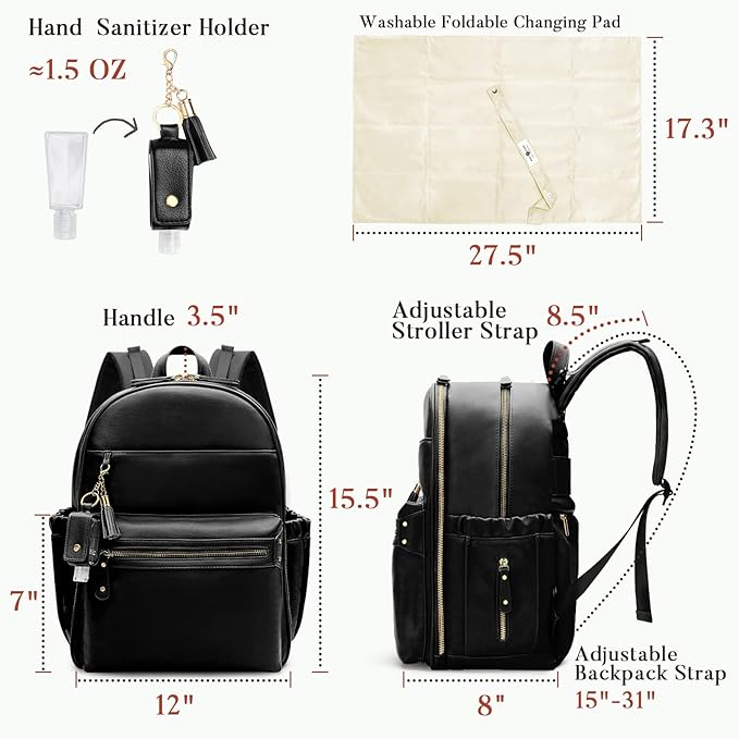 miss fong Diaper Bag Backpack Leather Diaper Bag, Baby Diaper Bag for Baby, 16 Pockets with Hand Sanitizer Holder, Changing Pad, 2 Insulated Pockets(Black)
