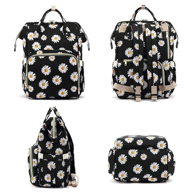 Floral Diaper Bag Backpack for Baby Girls Boys, Flowers Mom Nappy Bags for Women (Daisy Black)