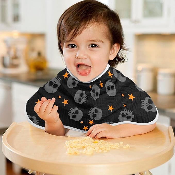 Halloween Skull Muslin Burp Cloths for Baby Boys and Girls - 4-Pack Ultra Absorbent Muslin Washcloths, Newborn Towel, Milk Spit Up Rags, Burp Cloth Bib for Unisex, 22 x 11 Inch