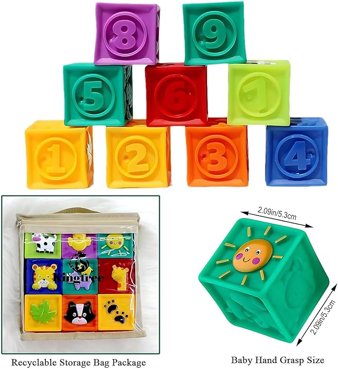 Kingtree Baby Blocks, 9PCS Soft Squeeze Building Blocks Stacking Toys for 6+ Months Babies, Baby Teething Chewing Educational Blocks Set with Numbers Animals Shapes Textures