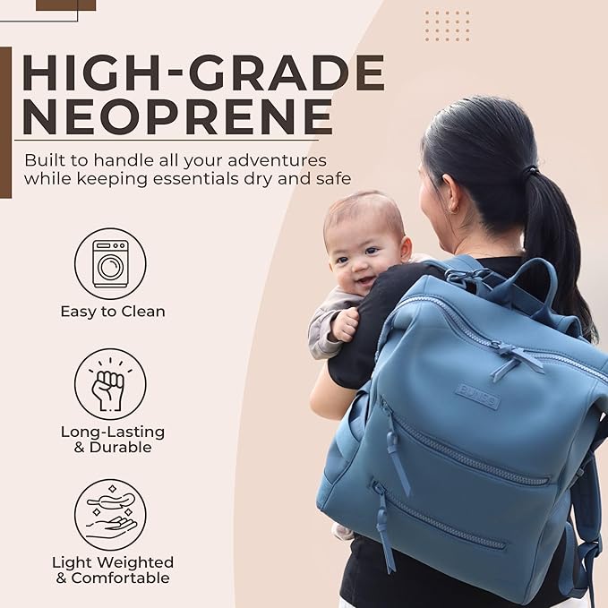 BUNSO Neoprene Diaper Bag – minimalist, water-resistant backpack with pouch, changing pad, and stroller straps. Lightweight unisex baby diaper bag in Slate Blue