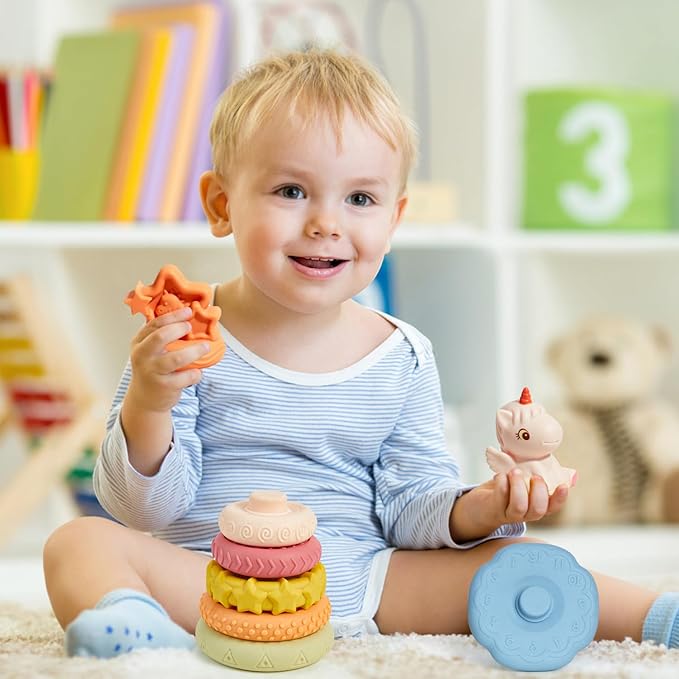 8 Piece Stacking & Nesting Baby Toys, No Hole Stacks of Circles Soft Teething Toy and Building Circle with Pink Horse Figure, Newborn Essentials for 6 12 18 Months Boys Girls