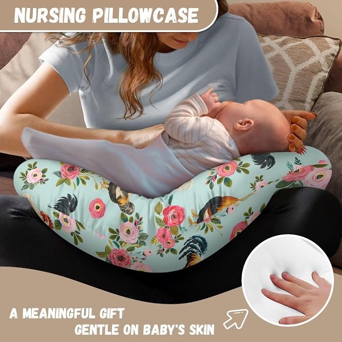 Rooster Chicken Flowers Breastfeeding Pillowcase for Newborn Lightweight Keep Off Smudges Fabric Bottle and Breastfeeding Removable Nursing Pillow Cover for Boys Girls Christmas Gift