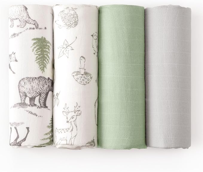 david's kids Muslin Swaddle Blankets, 4 Pack Organic Cotton Baby Blankets, Breathable Soft Receiving Blanket for Boys Girls, Newborn Essentials, Large 47 x 47 inches, Animal & Forest