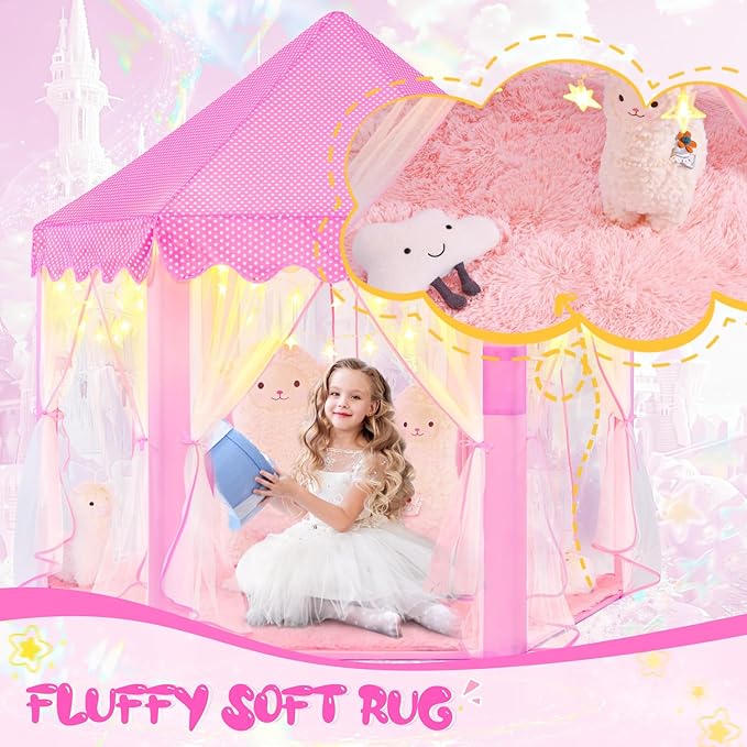 Princess Tent for Girls Age 4-7 with Star Lights, Kids Play Tent for Girls Indoor, Castle Playhouse Tent for Toddlers, Pink Princess Toy Tent 55x53 inch