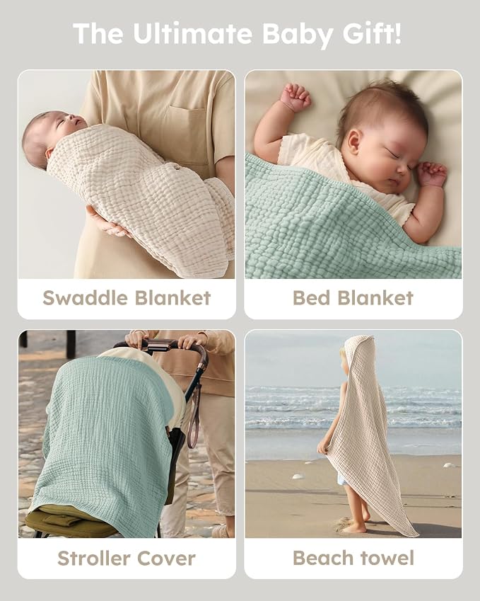 Yoofoss Hooded Baby Towels for Newborn 2 Pack 100% Muslin Organic Cotton Baby Bath Towel with Hood for Babies, Infant, Toddler and Kids, 37.5"x37.5", Soft and Absorbent Newborn Essential,Apricot&Green