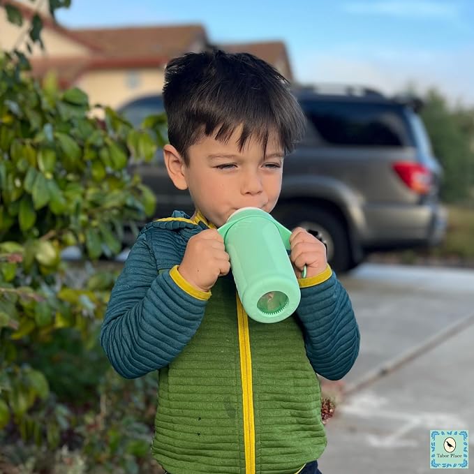 Tabor Place Set of 2 - Glass Sippy Cup for Toddlers - The Luca | Mint Green & Indigo Purple | Spill-Proof | Silicone Straw | 8 oz | Liquids Never Touch Plastic | Removable Handles…