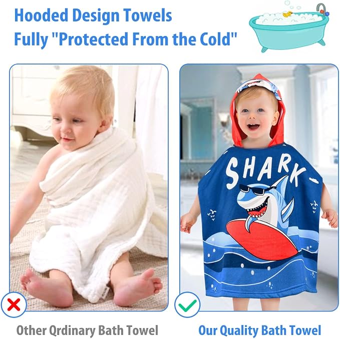 HUANLANG Kids Hooded Bath Poncho for Boys & Girls Super Soft & Absorbent Cotton Shark Towel for Toddlers 2-6 Years Old