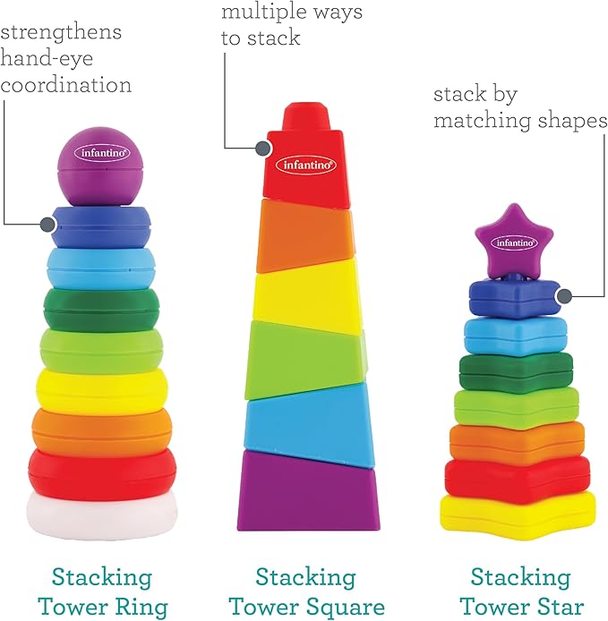 Infantino Tower Stackers Playset, Multicolor Rainbow-Themed Stacking Towers for Babies 12M+, 3-Style Set, Rings, Squares & Stars, 23 Pieces