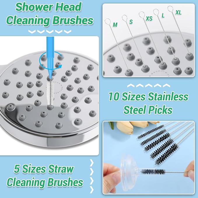 MAPVOLUT 51-in-1 Shower Head Cleaner Kit & Straw Cleaning Brushes Set - Unclog Nozzles, Holes, Stanley Cups, Sippy Bottles, Printers, Faucets - 35 Brushes, 10 Steel Picks, 5 Straw Brushes (3 Colors)