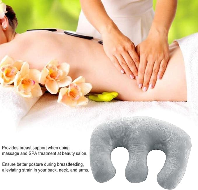 Chest Pillow Breast Support Velvet Cotton Massage Cushion Detachable Pad Comfortable Bolster Suitable for Salon Home Travel Breastfeeding Sleep, Grey, 16.9x11 inch
