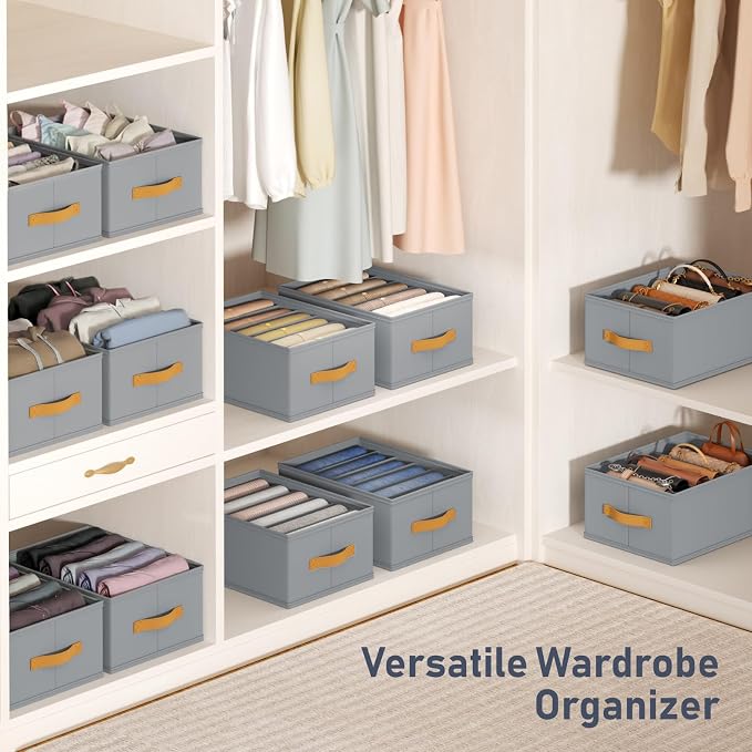 DIMJ Wardrobe Clothes Organizer - 4/5/7 Grids Foldable Closet Drawer Organizer Dividers for Jeans, Pants, Sweater, T Shirt, Storage Bins with Handles for Shelf