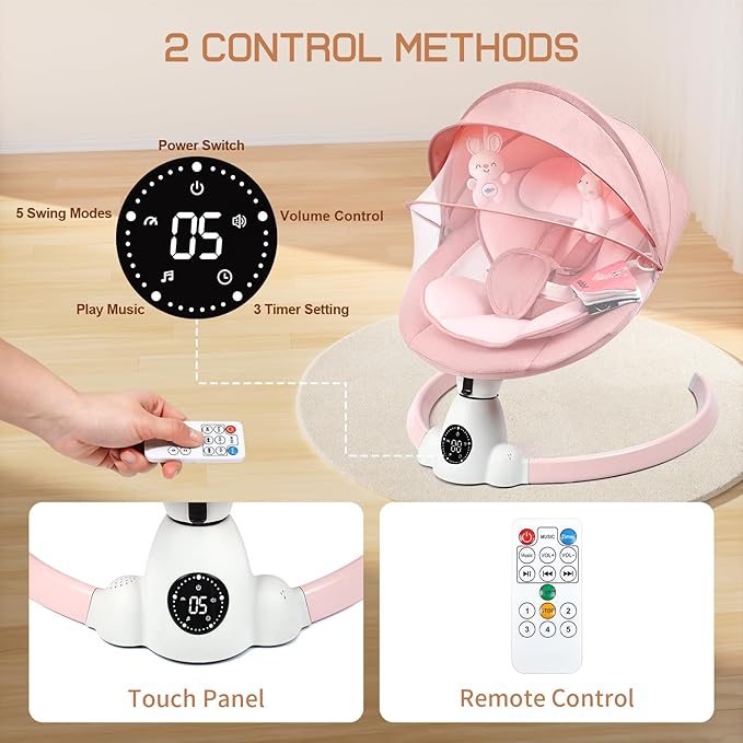 Uuoeebb Baby Swing for Infants, Portable Electric Baby Swings with Bluetooth, 5 Swing Speed, 10 Melodies, 5-Point Harness, Remote Control & Touch Panel - Infant Swing for Indoor & Outdoor Use, Pink