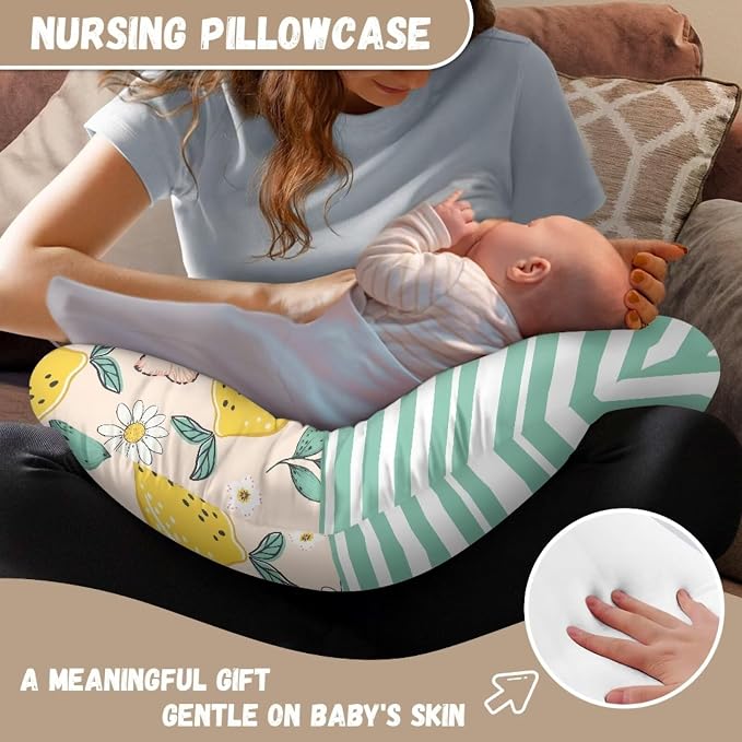 Green Nursing Pillow Cover for Breastfeeding Pillow,Removable Ultra-Soft Slipcover for Baby Nursing Pillow, Fits Newborn Feeding Pillow, Green Stripes Lemon(Cover Only)