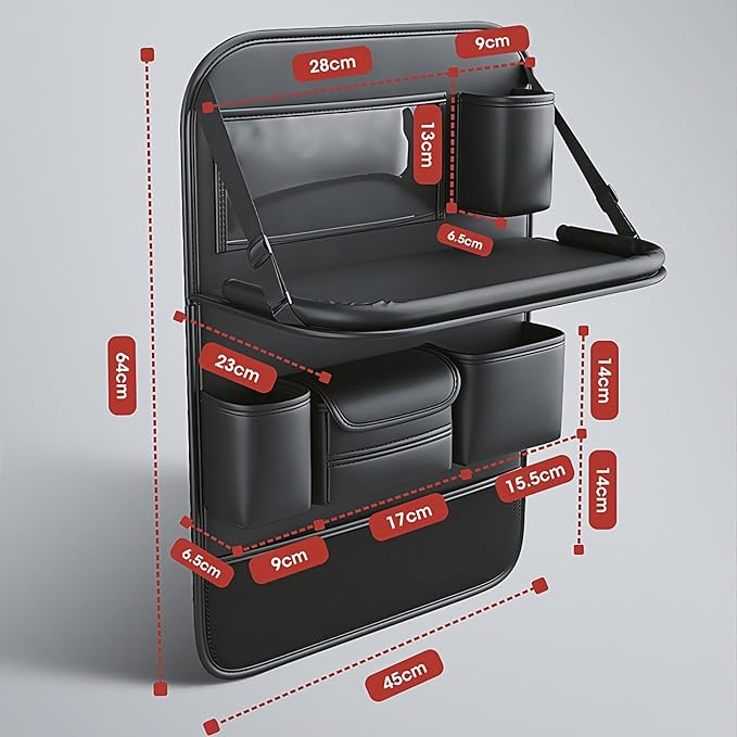 Car Backseat Tray Table with Organizer, Foldable Car Seat Back Organizer with Desk, Nappa Leather, Holds 27 lbs, Laptop Table for Kids Eating, Travel & Office, Waterproof Kick Mats