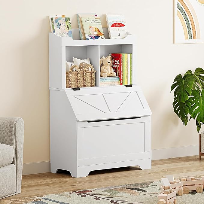 Spacious 3-tier Wooden Kids Bookcase and Toy Storage Organizer with Flip-Top Lid, Versatile Design for Playroom, Bedroom, Nursery, and Kindergarten - Child-Friendly Toy Chest Organizer