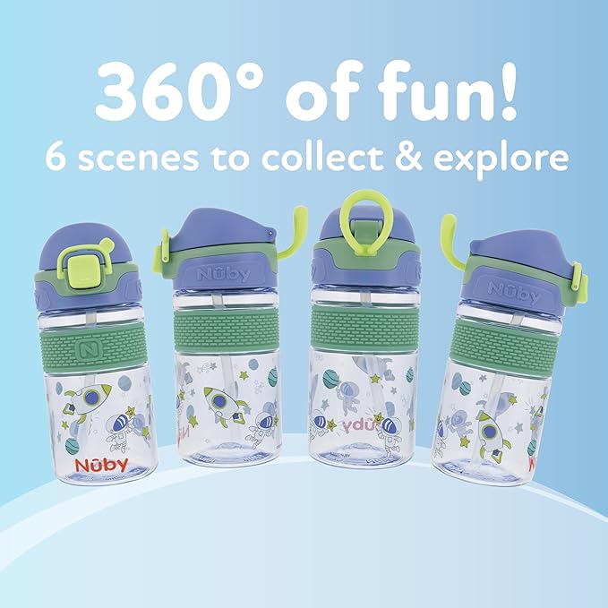 Nuby Thirsty Kids Flip-It Bolt Toddler Cup with Push-Button Locking Flip-Top and Silicone Spout - 12 oz - Easy-Grip and Spill-Resistant - 18+ Months - Space