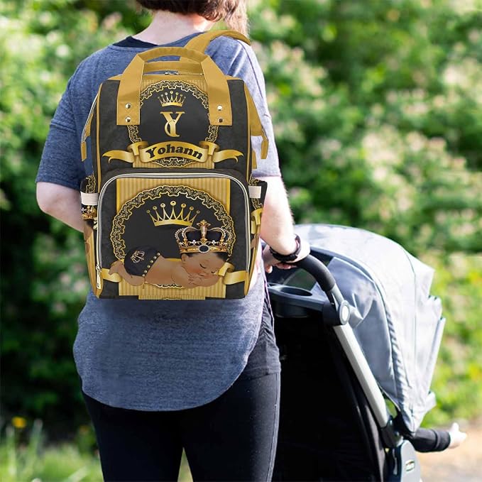 M YESCUSTOM Personalized Baby Diaper Bags for Women Men, Custom Golden Black Prince Backpack Customized Nappy Mommy Bag Backpack for Son Daughter Travel, Camping, Hiking Picnic