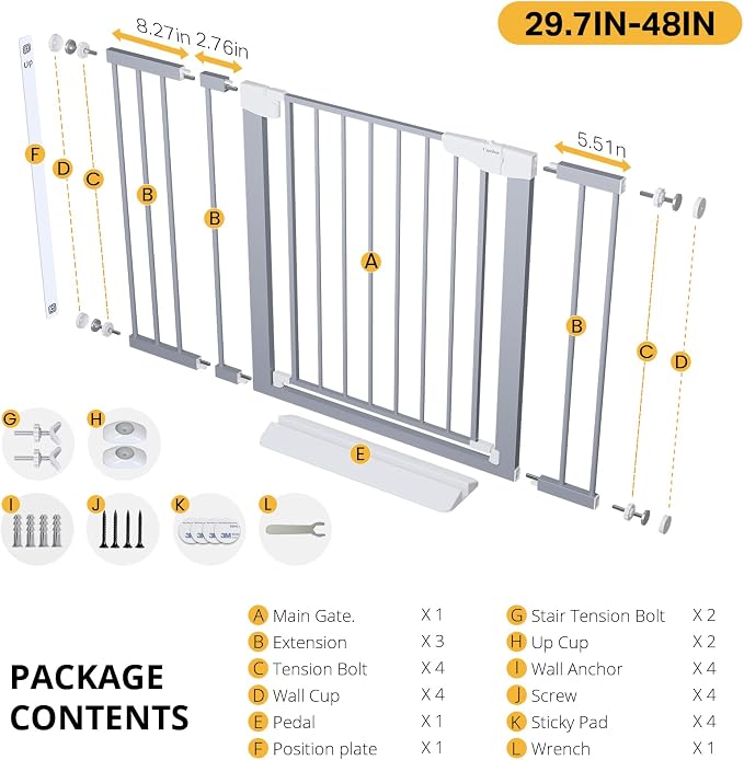 Cumbor 29.7-48" Baby Gate for Stairs, Mom's Choice Awards Winner-Dog Gates for Doorways, Auto Close Safety Pet Gate for Dogs Indoor, Easy Install Pressure Mounted Child Gate with Walk Thru Door, Gray