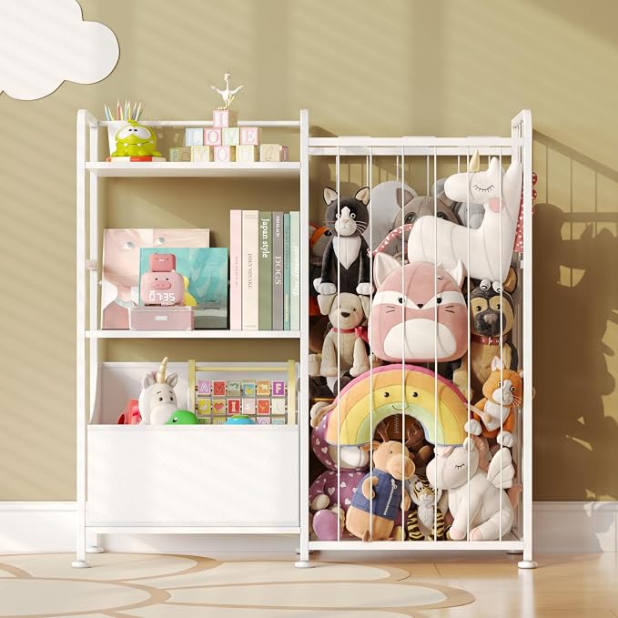 BBLIKE Kids Bookshelf and Toy Storage Organizer, Stuffed Animal Storage Holder with Fabric Toy Chest, 2-Tier Toddler Book Shelf for Kids Room, Playroom, Nursery, White