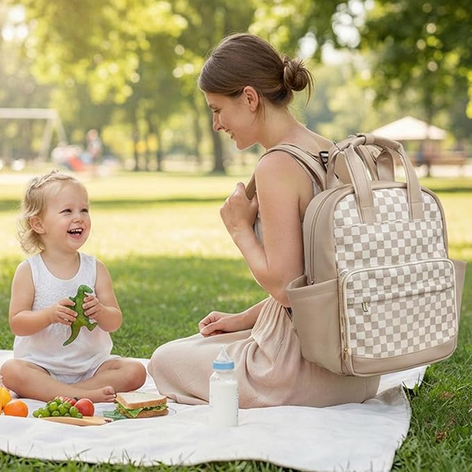 miss fong Small Diaper Bag - Baby Diaper Bag Backpack Checkered Diaper Bag with Changing Pad Baby Backpack for Travel Daycare Mommy Diaper Backpack for Mom & Dad-White&Beige