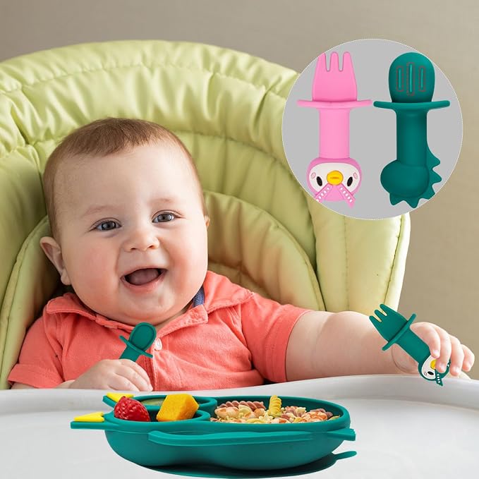 Baby Toddler Silicone Suction Plate with Spoon&Fork And Adjustable Bib Set,Silicone Baby Feeding Utensils Set,Baby Toddler Led Weaning Supplies Set-Blue Owl