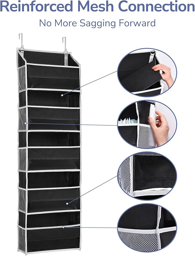 ULG 1 Pack Over The Door Organizer ??5 Shelf Door Organizer Hanging & 10 Side Pockets, Reinforced 44LB Capacity Hanging Organizer, Behind The Door Storage for Bedroom, Nursery, Pantry (Black)