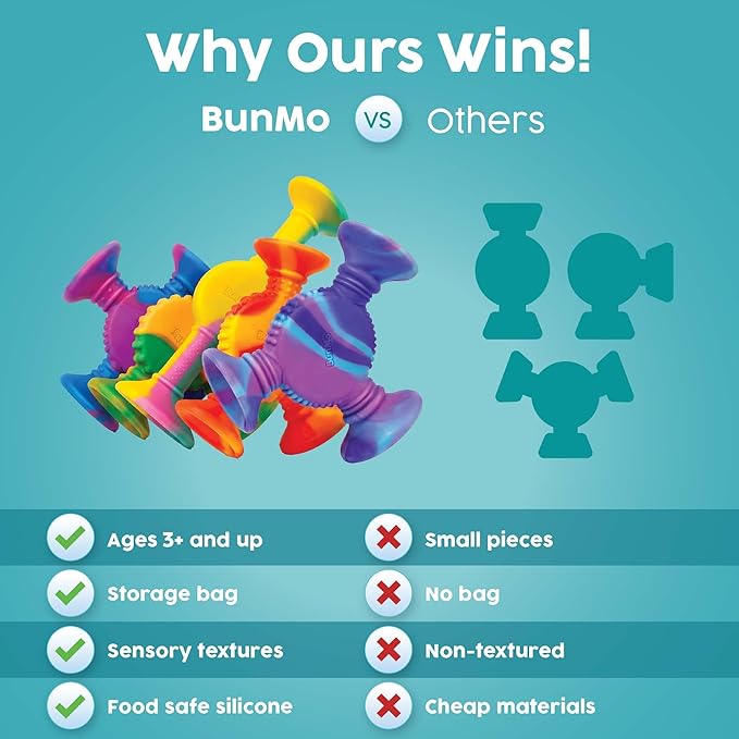 BUNMO Rainbow Textured Suction Toys ??10 Pack | Bath Toys and Suction Toys | Silicone Kids Bath Toys for Kids Ages 3+ | Bathtub Toys, Shower Toys & Travel | BPA-Free