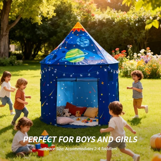 Rocket Space Ship Play Tent for Kids with Star Lights, Astronaut Themed Pop-Up Playhouse for Indoor & Outdoor, Foldable Space Adventure Gift for Boys and Girls