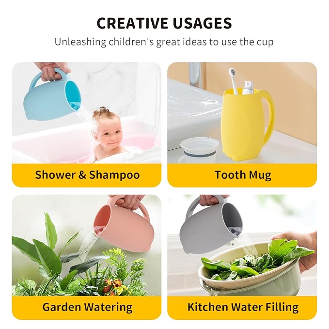 Baby Bath Rinse Cup - Children's Shampoo and Body Wash Rinse Cup with Easy Grip Handle for Rinsing Baby Shampoo and Soap - Food Grade Silicone - Penguin (Yellow)
