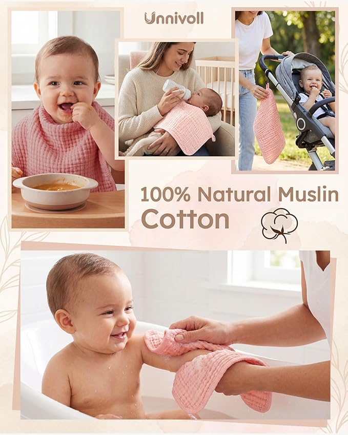 Unnivoll Muslin Burp Cloths for Baby 100% Cotton Burping Cloths for Boys Girls Large 20''X10'' Extra Soft and Absorbent 12 Pack - Gradient Pink