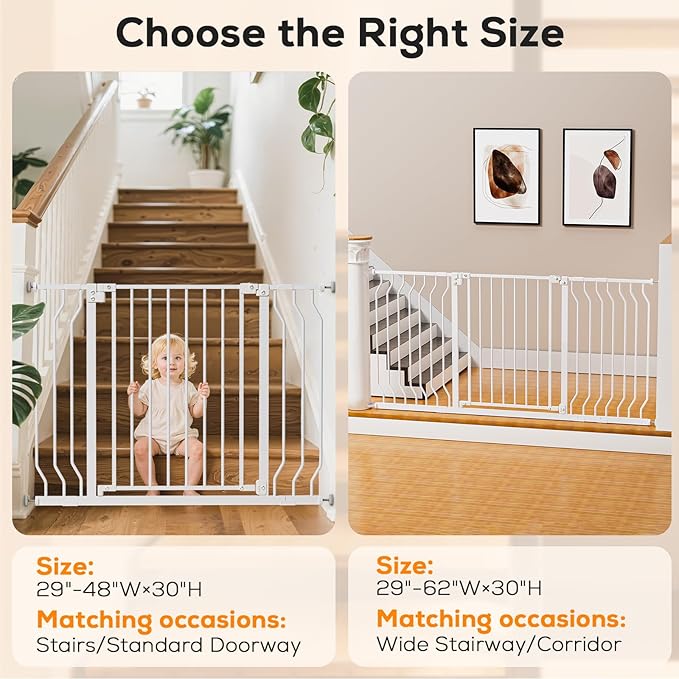 29-53" Baby Gate for Stairs, Baby Safety Essentials, Auto Close Gate for Doorways, Easy Install Pressure Mounted Dog Gate Indoor, Pet Gates for Dogs, White