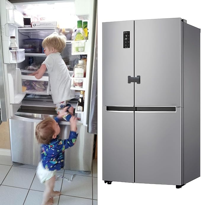 Fridge Locks for Kids, Child Proof Refrigerator Lock, Baby Safety French Fridge Door Lock, Child Cabinet Locks with Strong 3M Adhesive, No Drill, Tool-Free Install (1 Pack, Black)