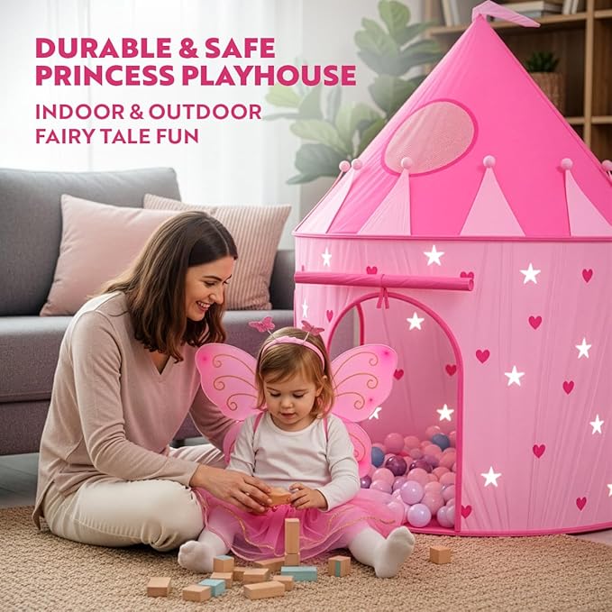 Playz Princess Castle Pop Up Tent & Dress Up Set ??Kids Pink Playhouse Tent for Girls with Glow in The Dark Stars, Foldable Indoor Outdoor Toddler or Baby Girl Tent with Carrying Case