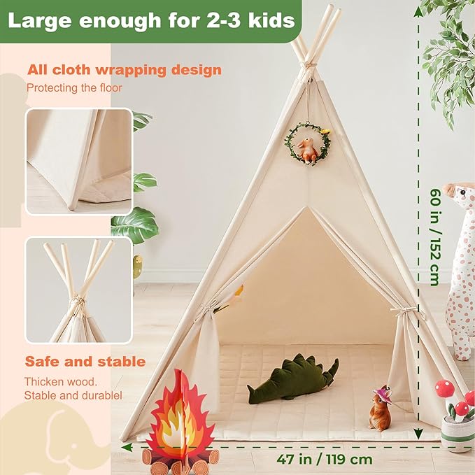 Tiny Land Teepee Tent for Kids with Star Lights, Foldable Play Tent for Girls & Boys, Washable Indoor Toddler Tent, Cozy Warm Reading Nook & Room Decor