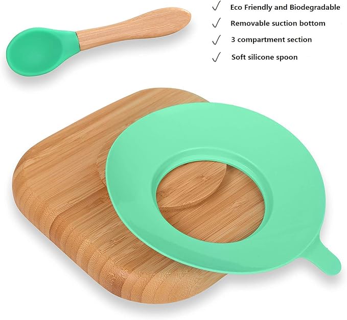 Baby Toddler Stay Put Dish, Kids Suction Plate, Bamboo Cute Tableware (Light green)