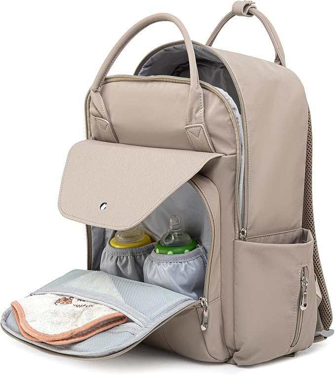 Baby Diaper Bag Backpack with Laptop Compartment 15.6 inch, Baby Essentials Travel Baby Bag Leather Backpack