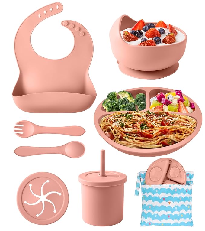 ECLIP Silicone Baby Feeding Set, 10 Pcs Baby Eating Essentials with Suction Bowl Divided Plate Adjustable Bib Soft Spoon Fork Snack Cup with Lid Drinking Cup, Utensil (Brick Red)
