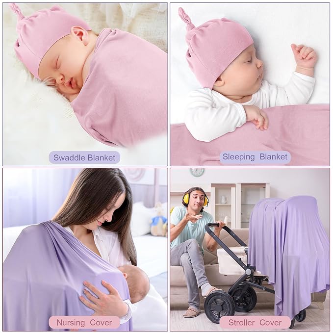JaGely 2 Pcs Stretchy Baby Swaddle Blankets Set with Hats Extra Soft 47" x 47" Newborn Nursery Swaddle Wrap for Baby Girls and Boys(Pink, Light Purple)