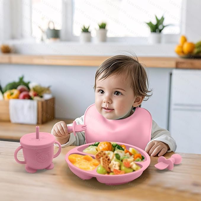 Baby Led Weaning Supplies, 8 Piece BPA-Free Silicone Feeding Set, Silicone Suction Bowl, Forks & Spoons, Bib & Cup, Develops Self Feeding Skills, Dishwasher Safe, for 6+ Months (Pink)