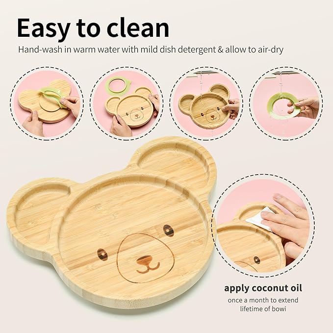 Bamboo Suction Plates Bowls Setfor Baby Toddler Divided Platter Food bowl with Silicone Fork & Spoon All-Natural Baby Feeding Set, Kids Feeding Essentials
