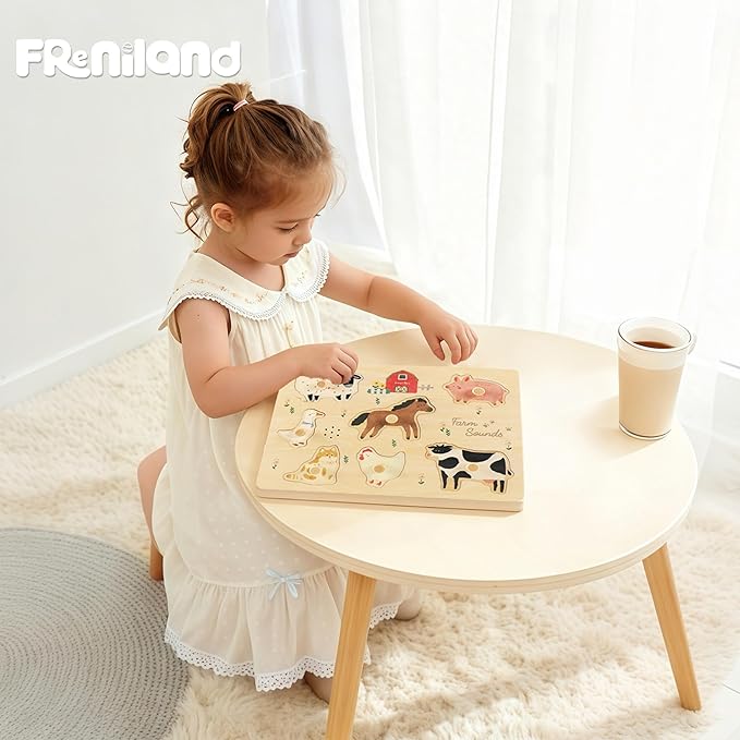 Freniland Farm Sound Puzzle for Toddlers, Wooden Farm Animal Puzzle with Realistic Sounds, Montessori Learning Toy for 18M+