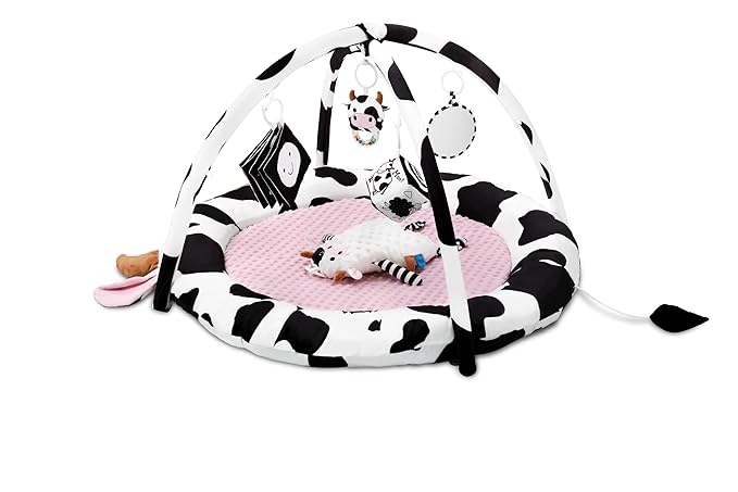 Pink Cow Baby Play Gym & Tummy Time Mat with 6 Sensory Toys - Extra Large Thick Soft Floor Play Mat for Newborn Infants 0-12 Months - Nursery Essential Gift