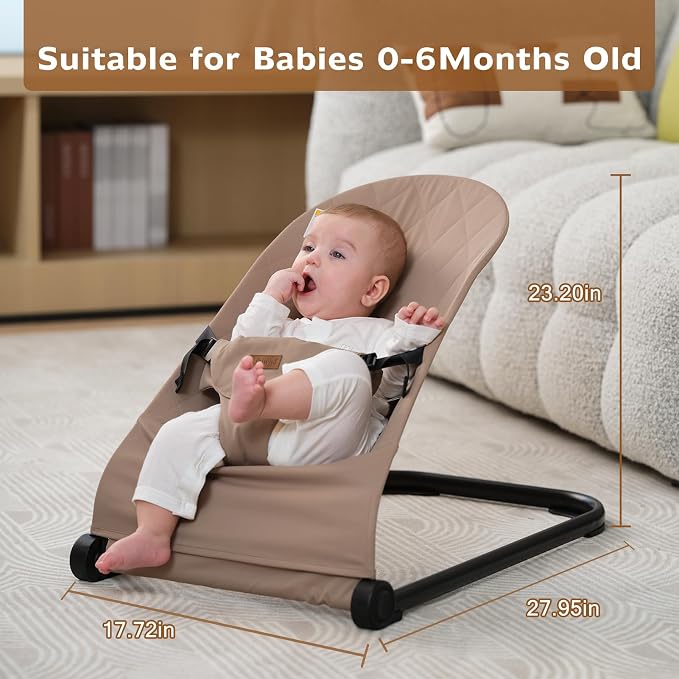 Baby Bouncer,Baby Bouncer Seat,Portable Infant Bouncer with 3-Point Safety Harness,Ergonomic Bouncy seat, Bouncer for Babies 0-6 Months up to 20lbs (Khaki)