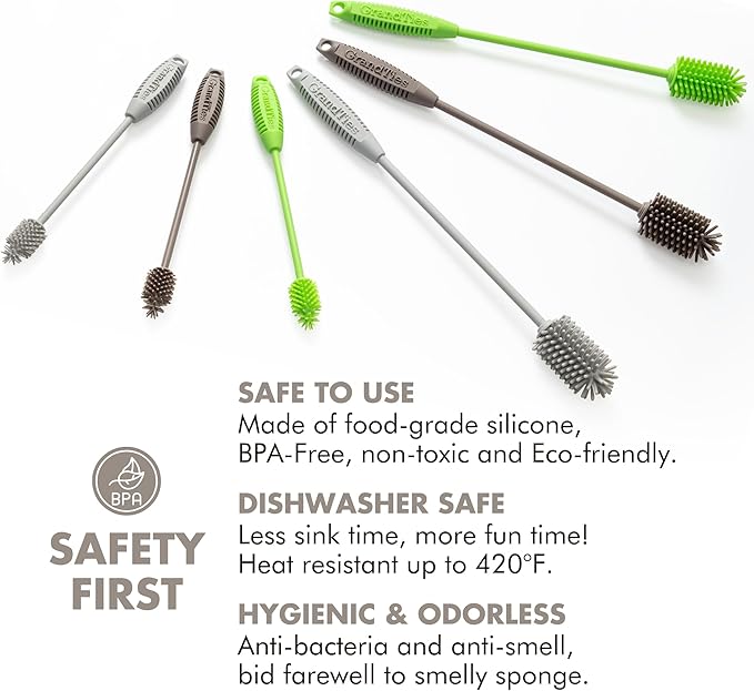 GrandTies Silicone Bottle Cleaning Brush Set | Extra Long Bottle Brush for Narrow Neck Bottle, Water Bottle, Cup, Mug, Blender Bottle, Tumbler, Hydro Flask, Baby Bottle, Wine Glass (Caffe Latte)