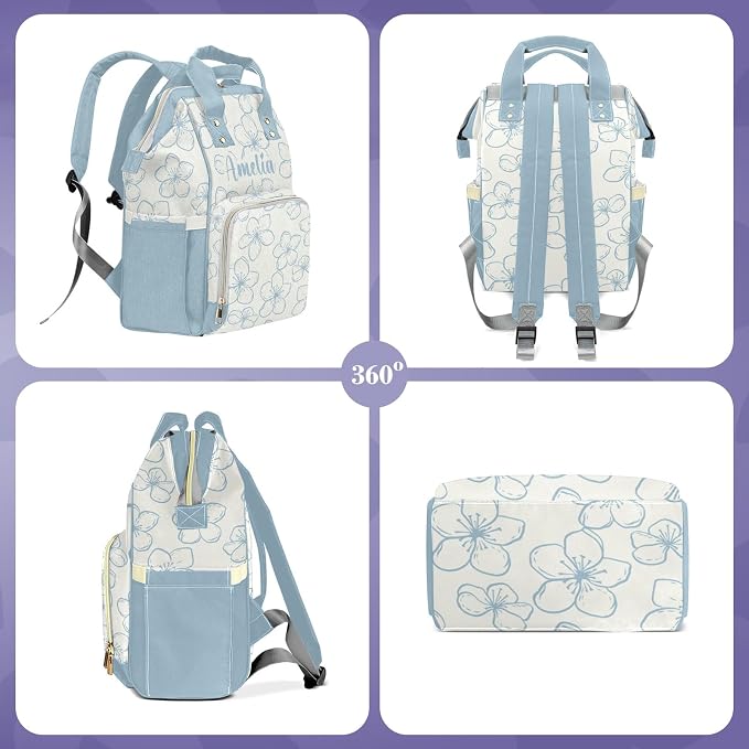 Custom Diaper Backpack, Upgraded Large Capacity Baby Changing Bag, Personalized with Name, Multifuction Mommy Backpack with Insulated Pockets for Boys Girls, Floral