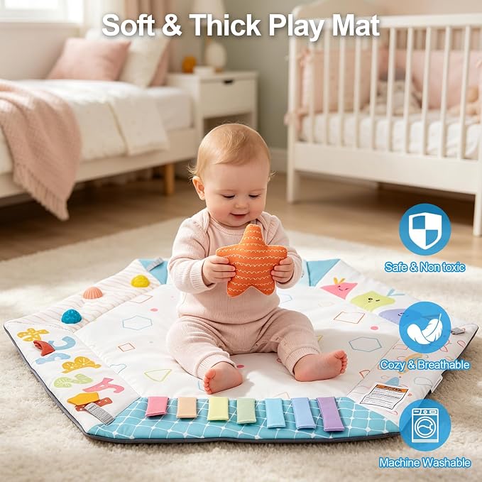 Baby Play Gym Activity Mat with Multiple Developmental Zones, Stage-Based Play for Infant Motor Skills, 5 Detachable Sensory Toys, Easy to Install & Clean, Baby Essentials Shower Gift