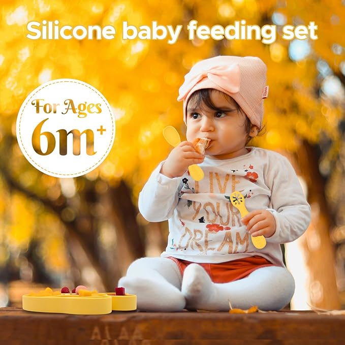 BabyX Baby Silicone Feeder Set, 3-pcs Golden-Fish-themed Baby Plate with Suction, Spoon and Fork for Babies Toddler Kids, BPA-Free, Baby Utensils Feeding Supplies, Microwave and Dishwasher Safe